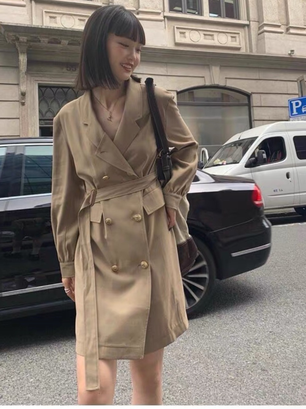 Double-Breasted Belted Trench Dress - Khaki